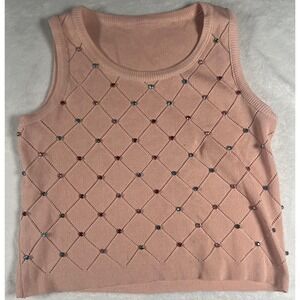 Rhinestone Tank Top Womens Large Pink Knit‎ Diamond Lattice Embellished Sweater